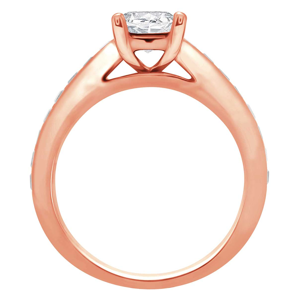 Princess Shape Diamond Ring made from rose gold standing upright