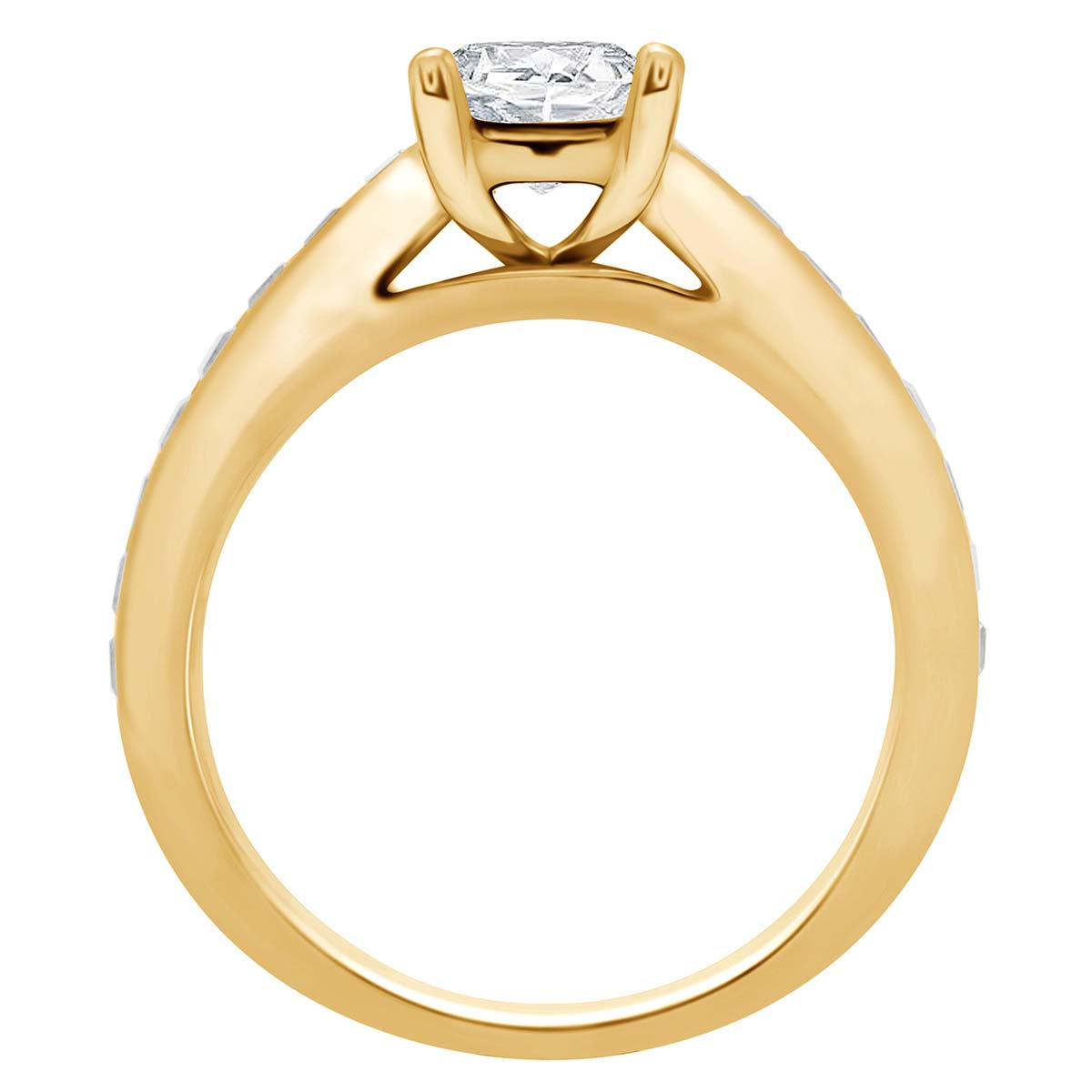Princess Shape Diamond Ring made from yellow gold standing upright