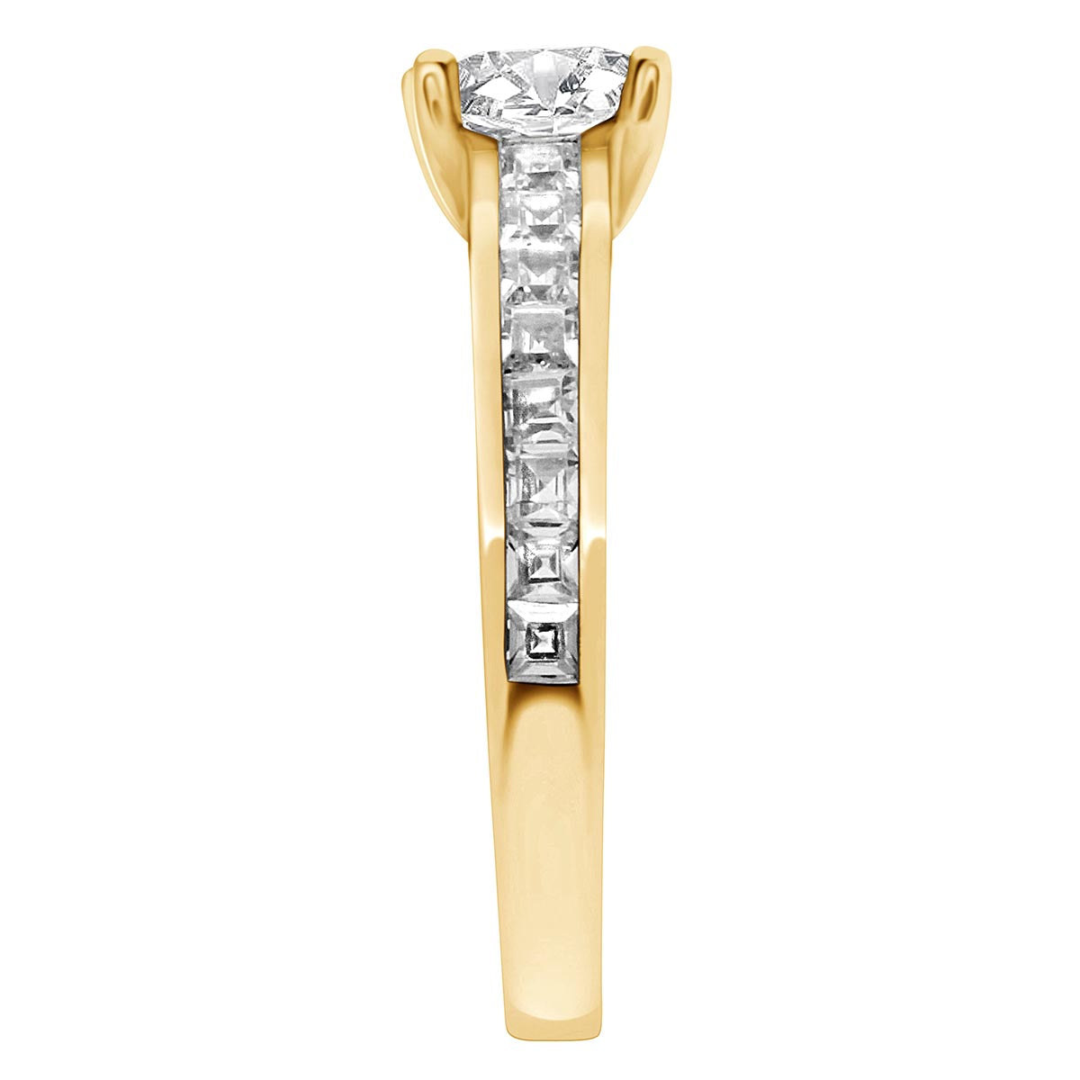 Princess Shape Diamond Ring made from yellow gold and standing upright in end view