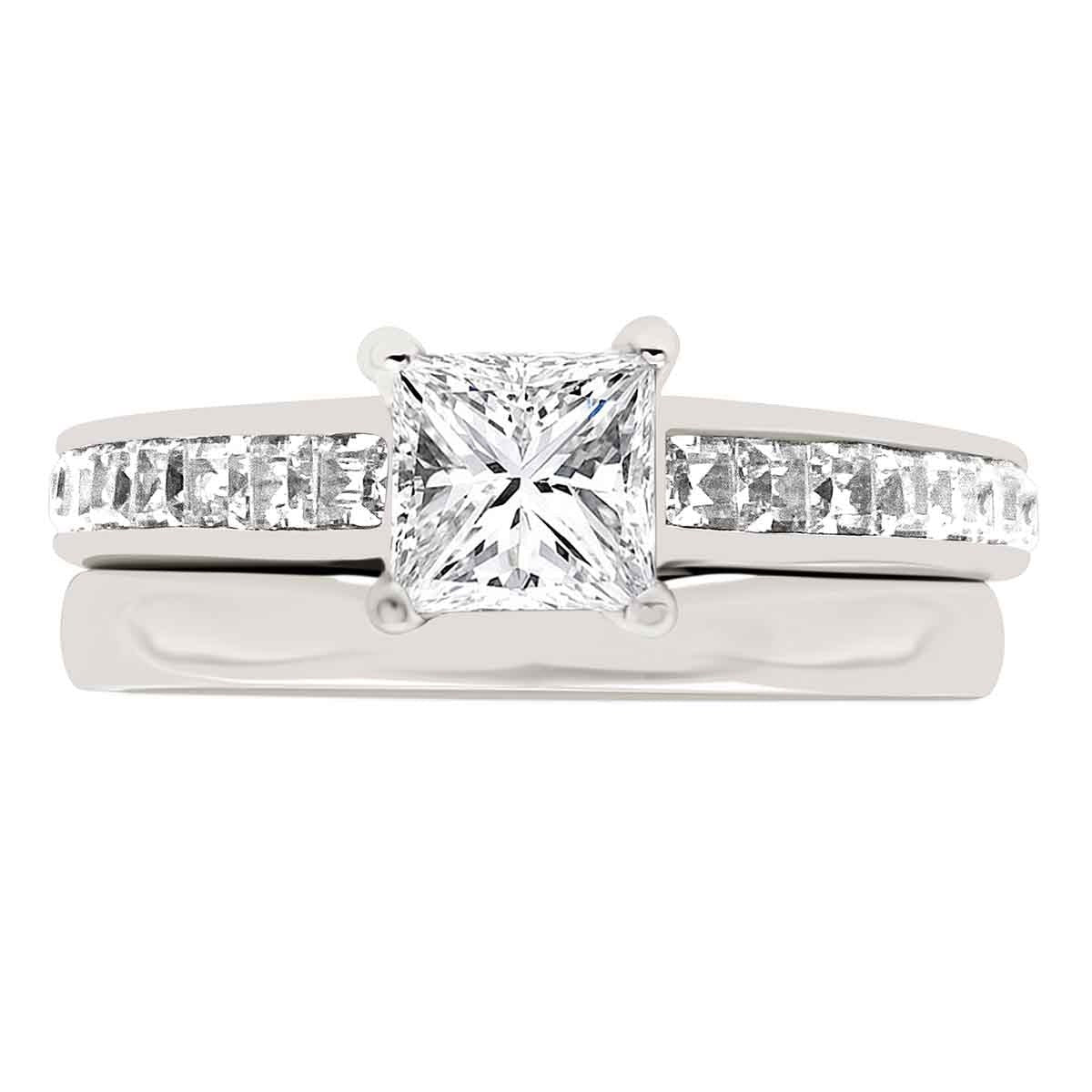 Princess Shape Diamond Ring made from white gold with a matching plain gold wedding ring