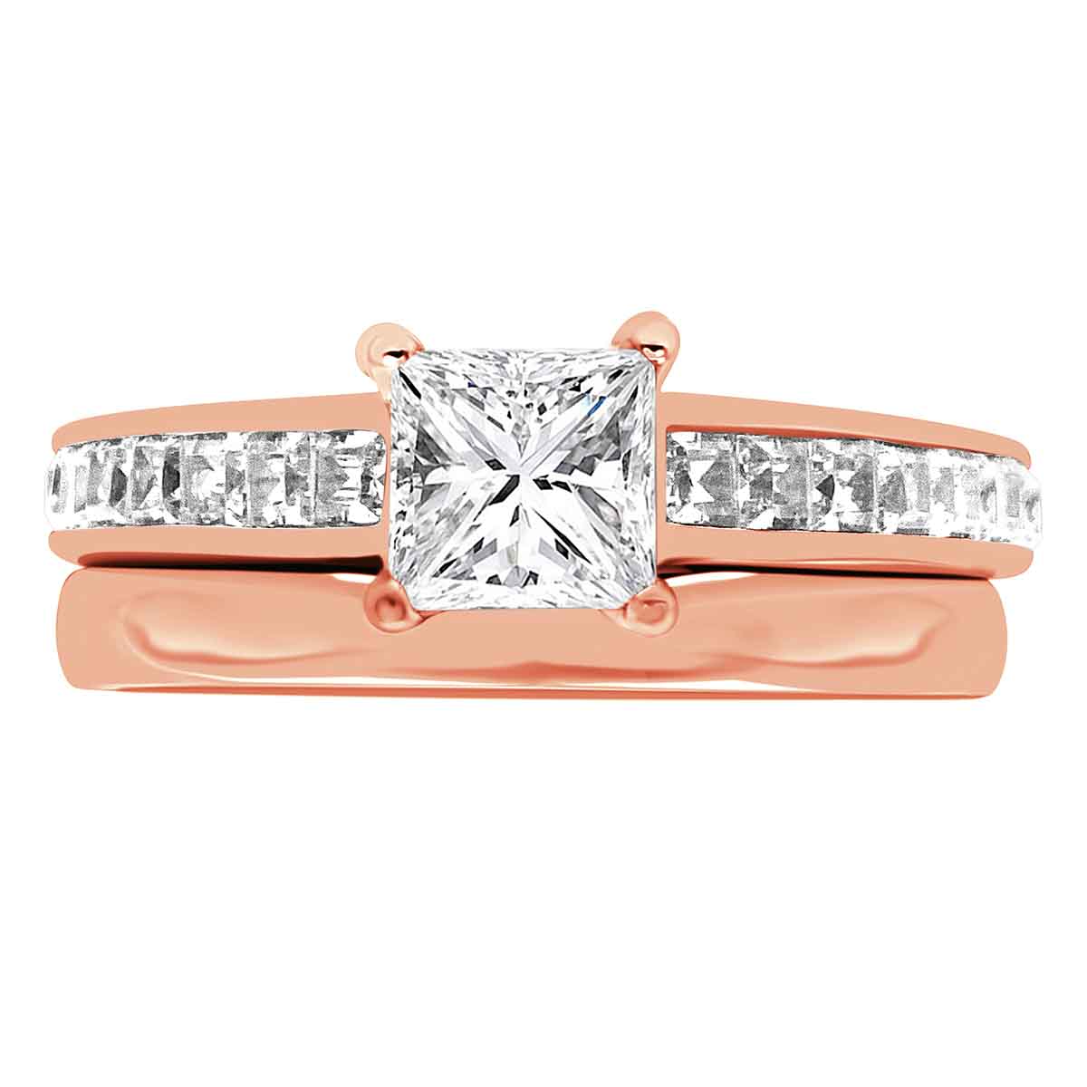 Princess Shape Diamond Ring made from rose and pictured with a plain wedding band gold