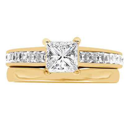 Princess Shape Diamond Ring made from yellow gold pictured with a plain wedding band
