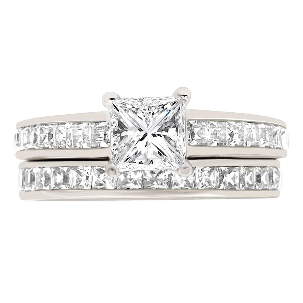 Princess Shape Diamond Ring made from white gold pictured with a diamond set wedding ring