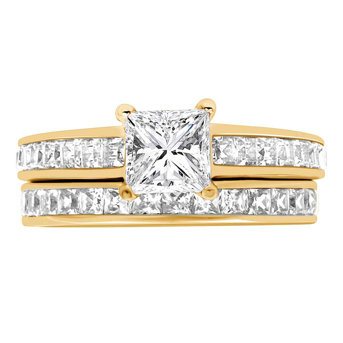 Princess Shape Diamond Ring made from yellow gold pictured with a diamond wedding ring