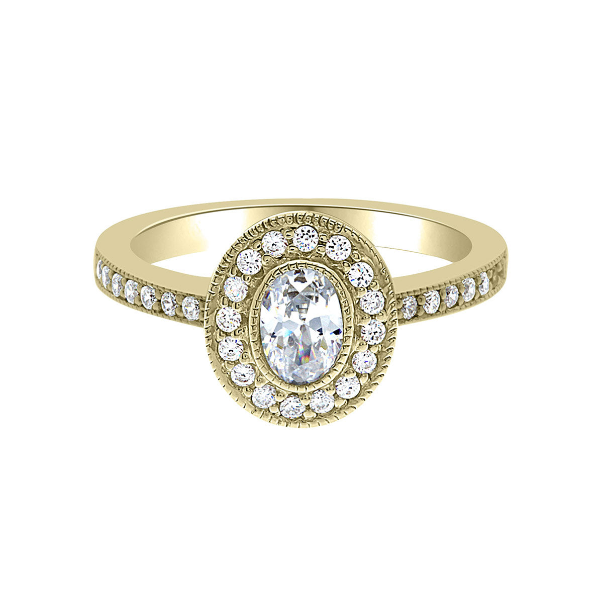 Milgrain Detail Engagement Ring in yellow gold laying flat