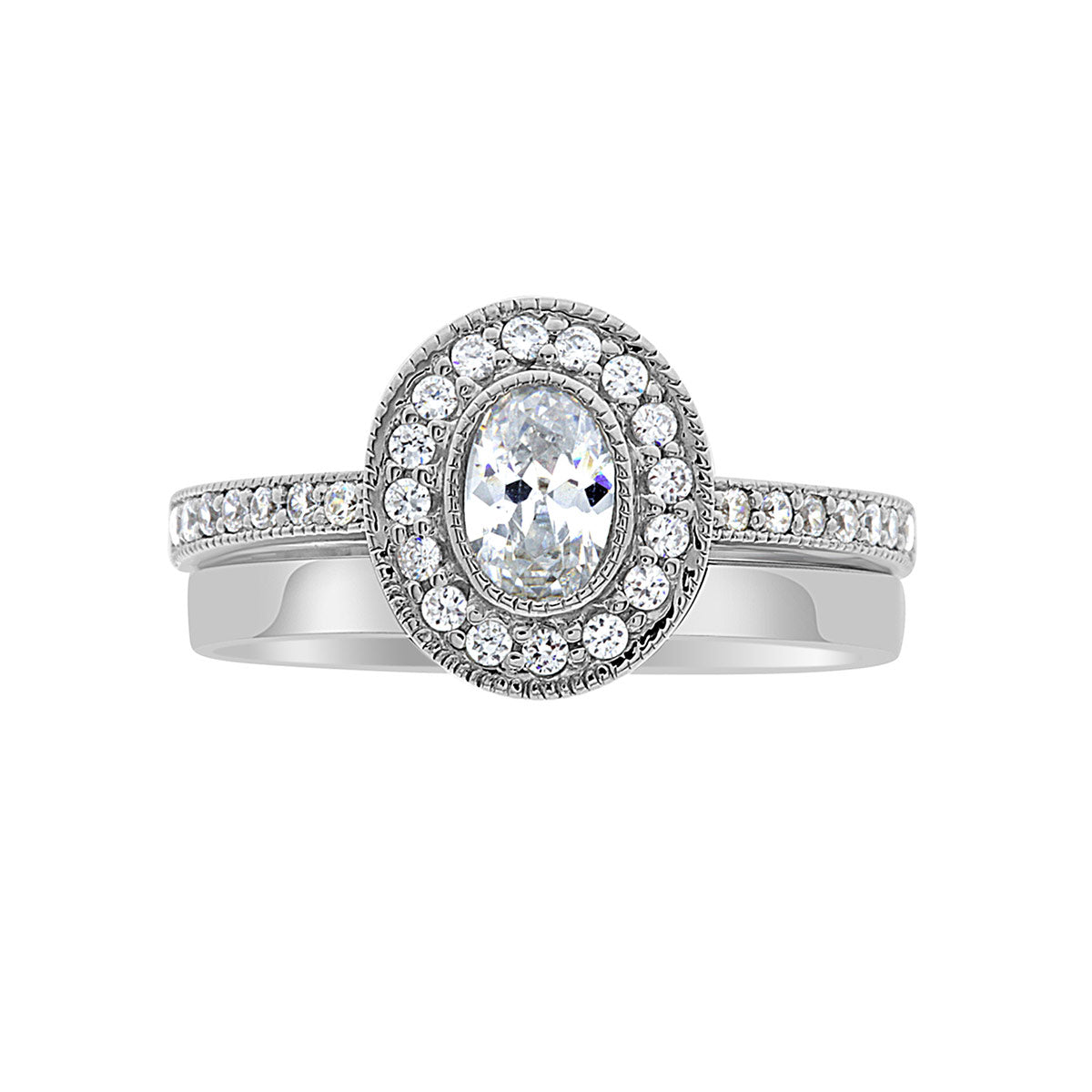 Oval Cut Halo Diamond Engagement Ring with Platinum Milgrain Band - 'Sinead’