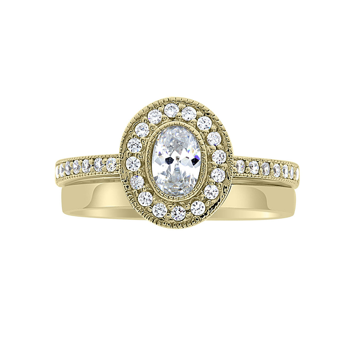 Milgrain Detail Engagement Ring in yellow gold with a plain gold wedding band