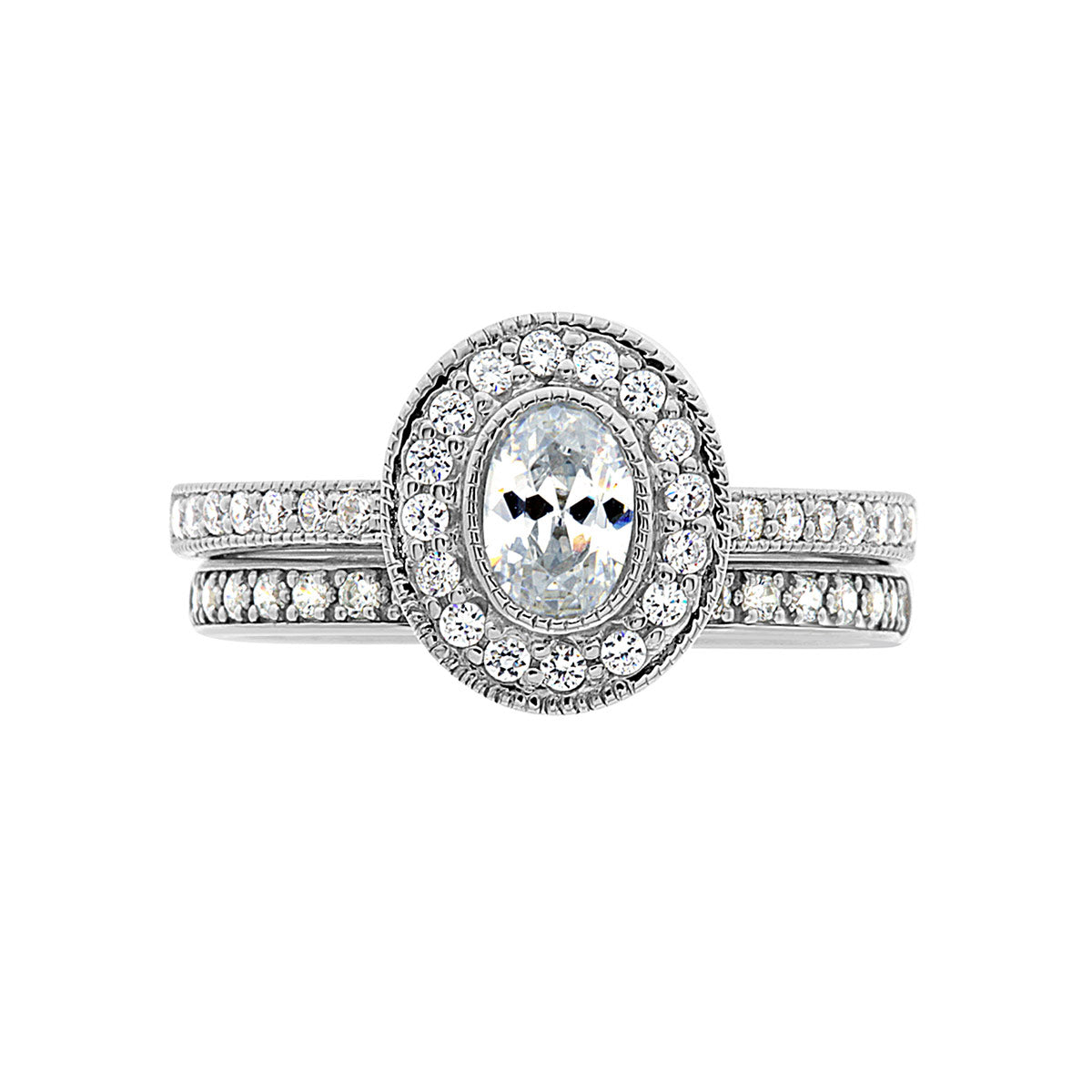 Oval Cut Halo Diamond Engagement Ring with Platinum Milgrain Band - 'Sinead’