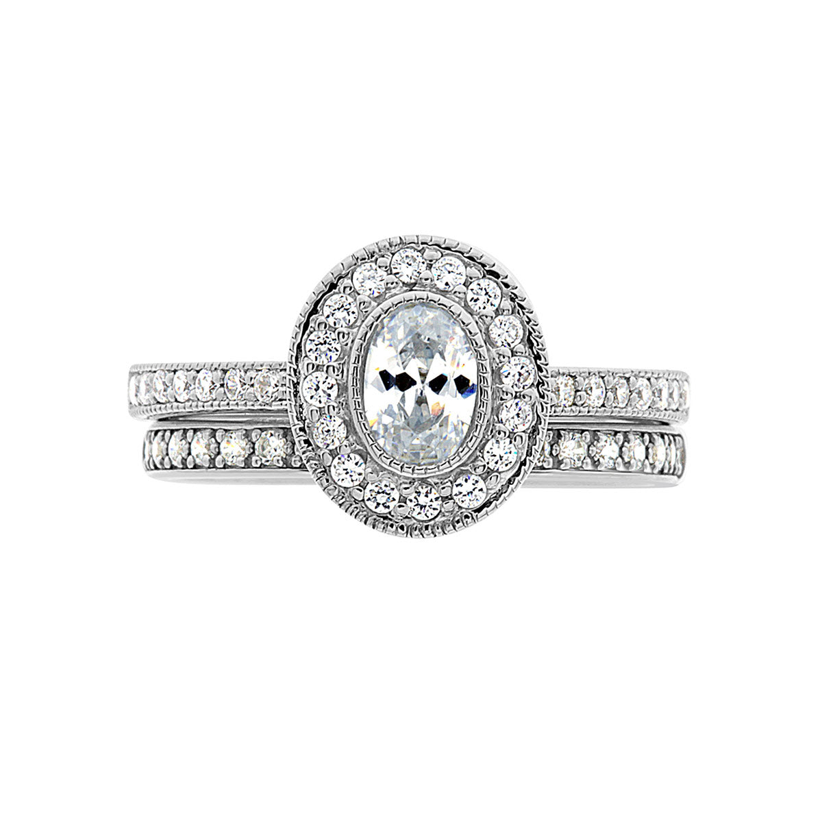 Milgrain Detail Engagement Ring in white gold with a matching diamond set wedding ring