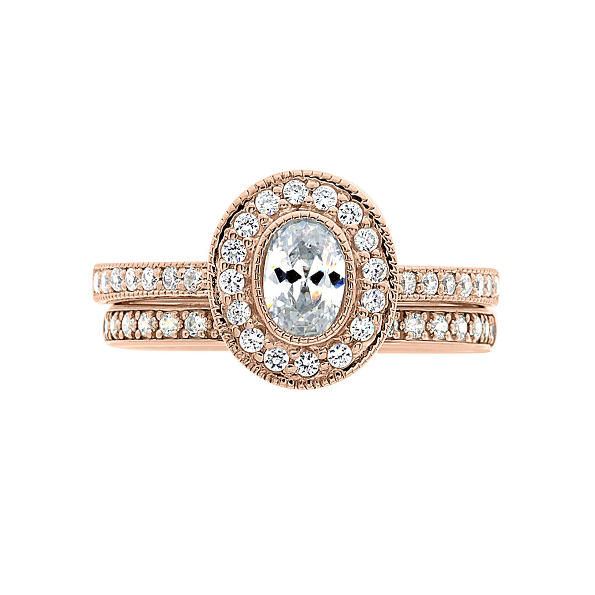 Milgrain Detail Engagement Ring in rose gold with a matching diamond set rose gold wedding ring