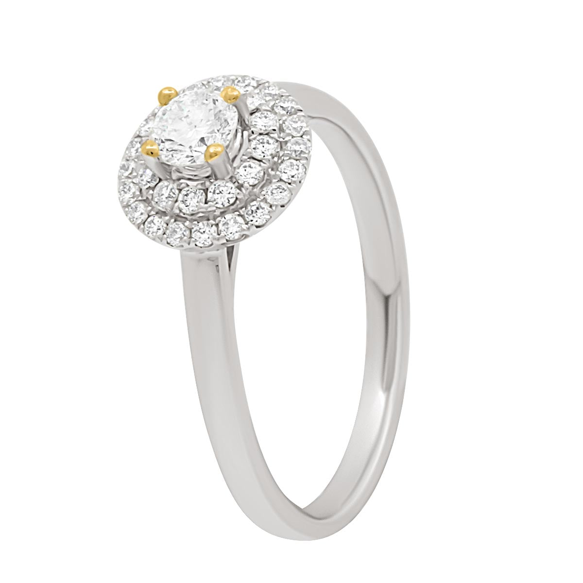 Ornate Diamond Ring WITH DOUBLE HALO SET IN WHITE GOLD UPRIGHT FROM AND ANGLE