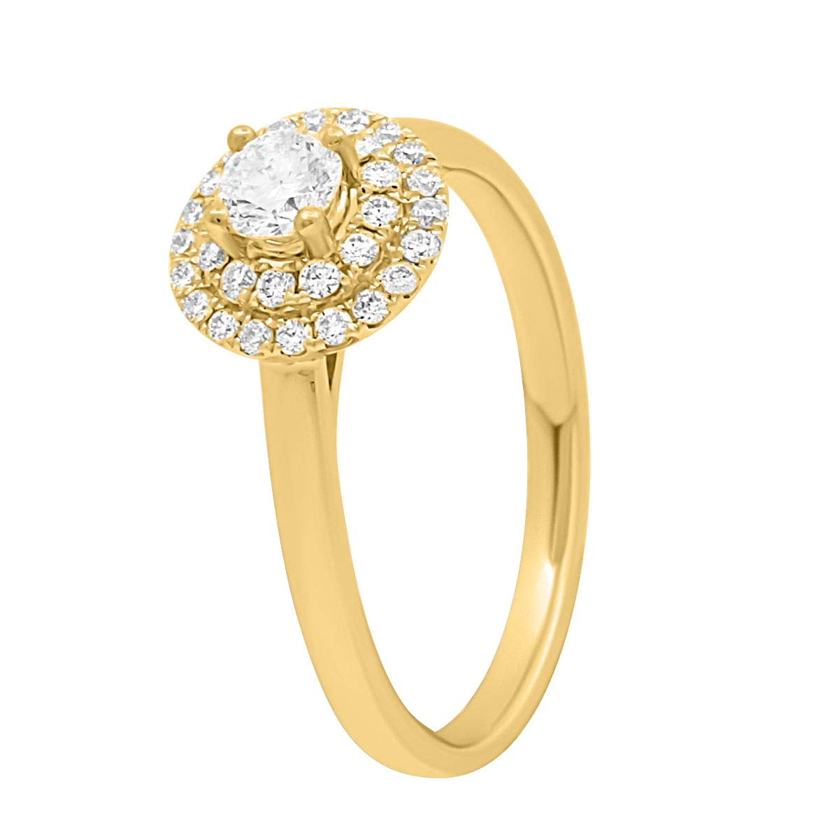 Ornate Diamond Ring WITH DOUBLE HALO SET IN YELLOW GOLD FROM AN ANGLE