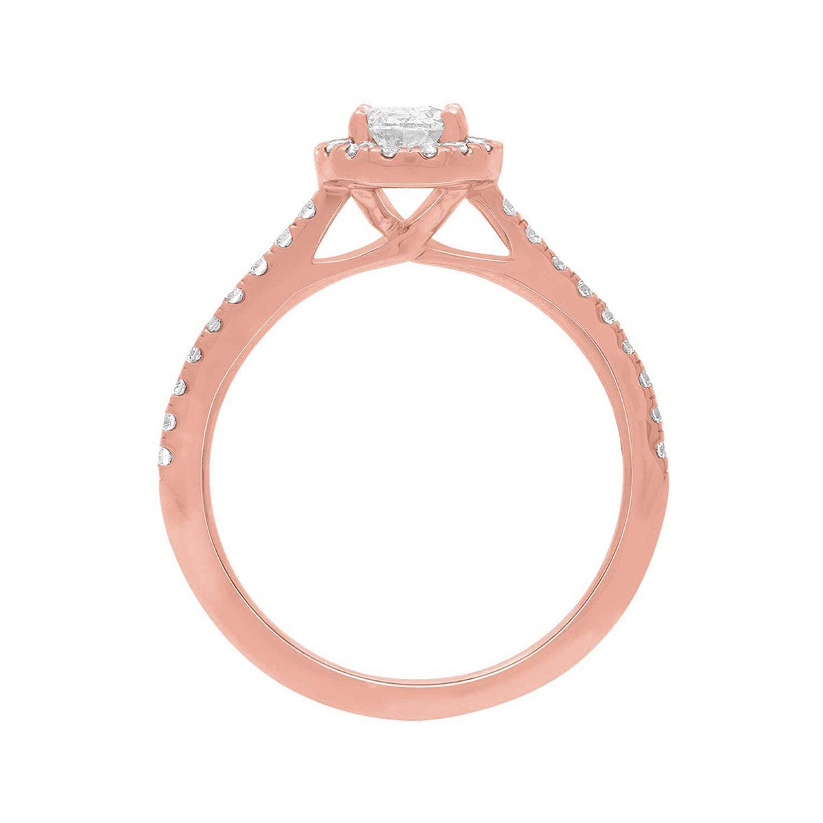 Oval Halo Engagement Ring made of rose gold pictured standing upright