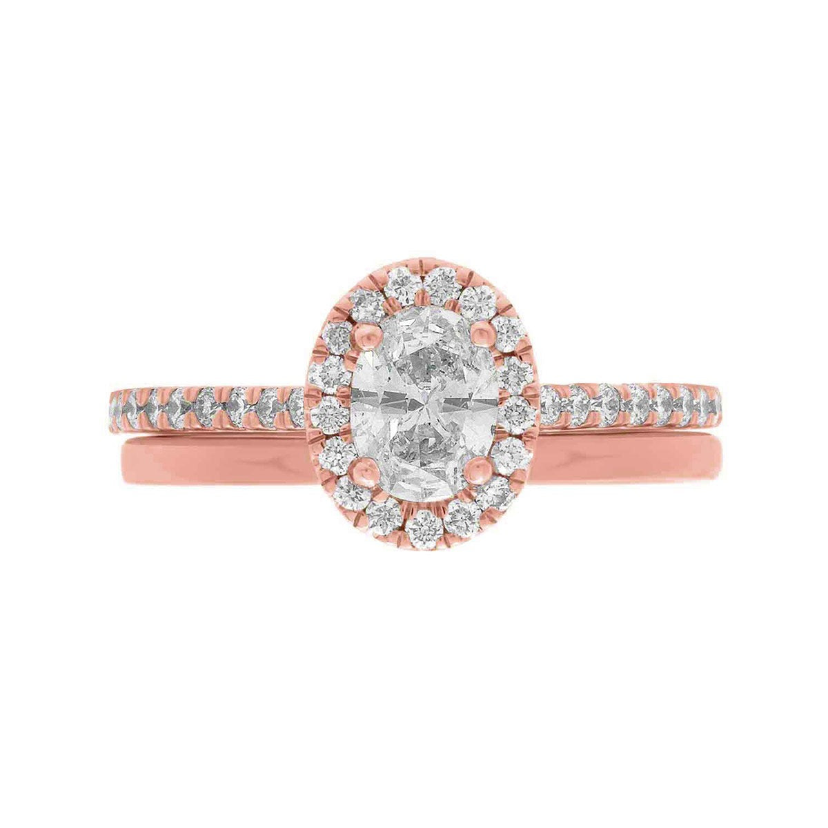 Oval Halo Engagement Ring made of rose gold pictured with a a matching plain wedding ring