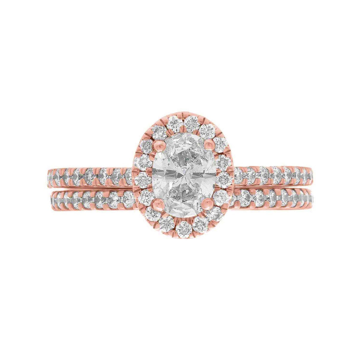 Oval Halo Engagement Ring made of rose gold pictured with a a matching diamond wedding ring
