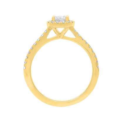 Oval Halo Engagement Ring made of yellow gold pictured standing upright