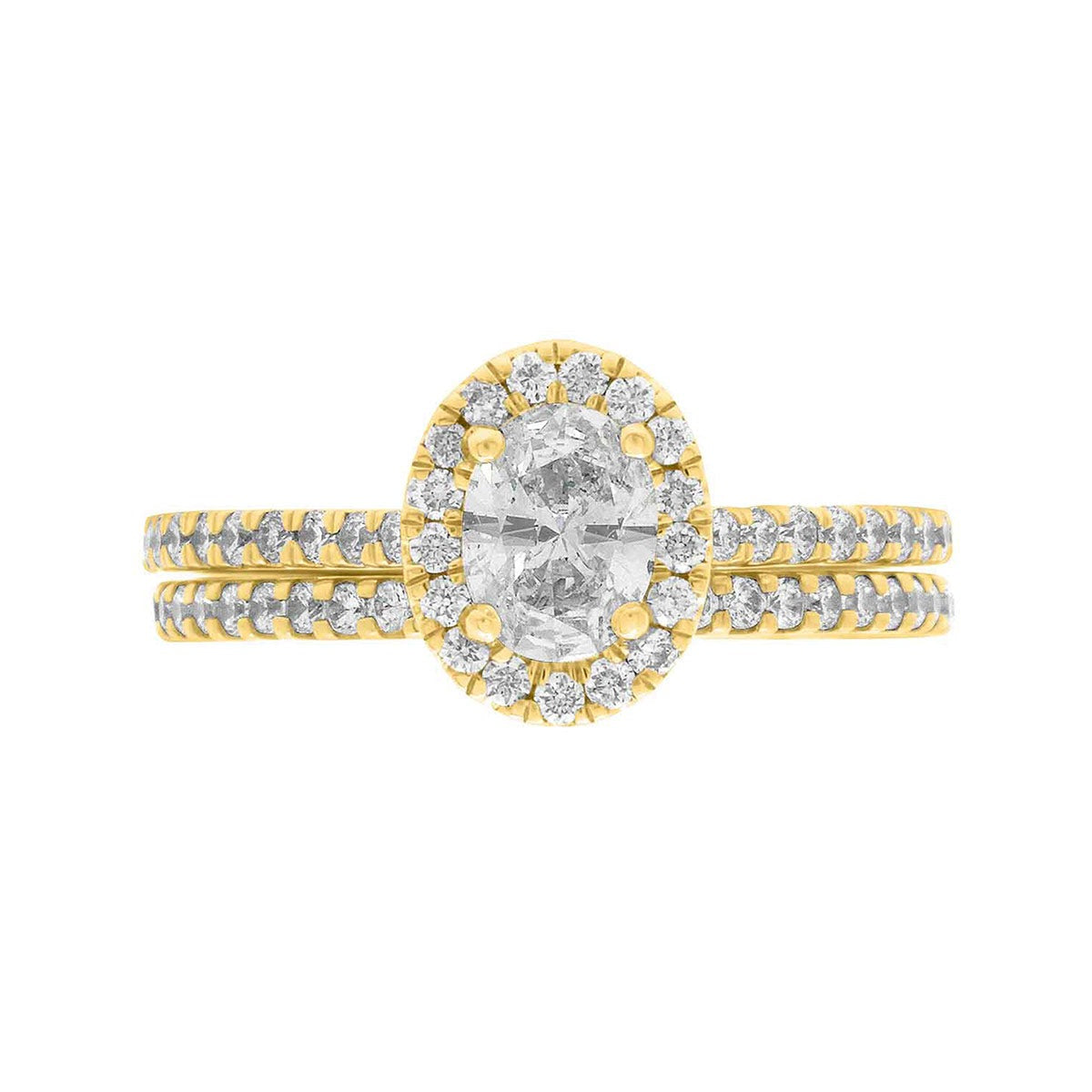 Oval Halo Engagement Ring made of yellow gold pictured with a a matching diamond wedding ring