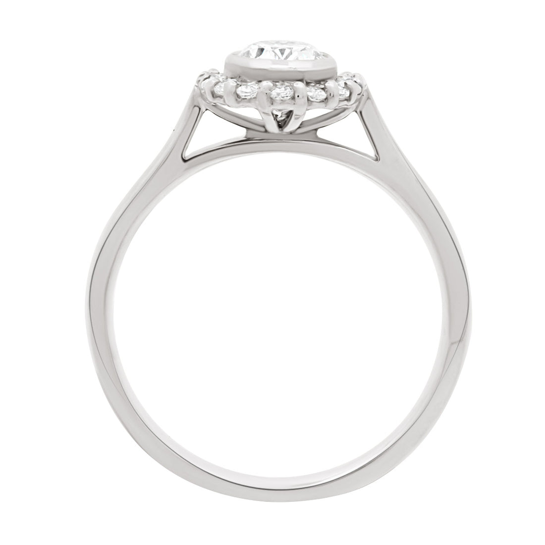  Oval Halo Diamond Ring in white gold standing upright