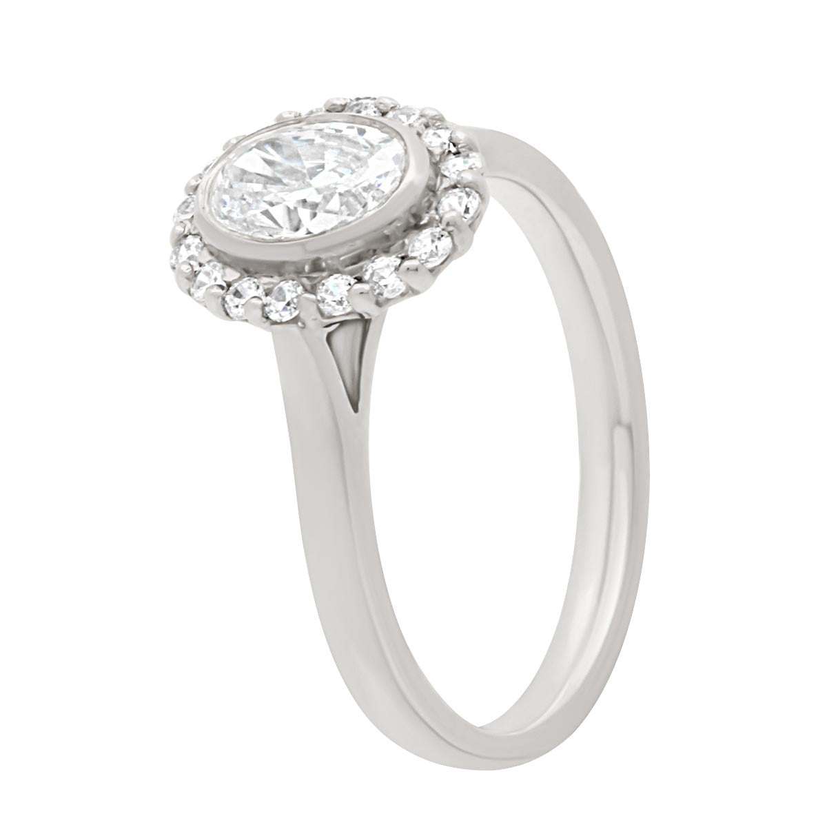  Oval Halo Diamond Ring in white gold upright angled