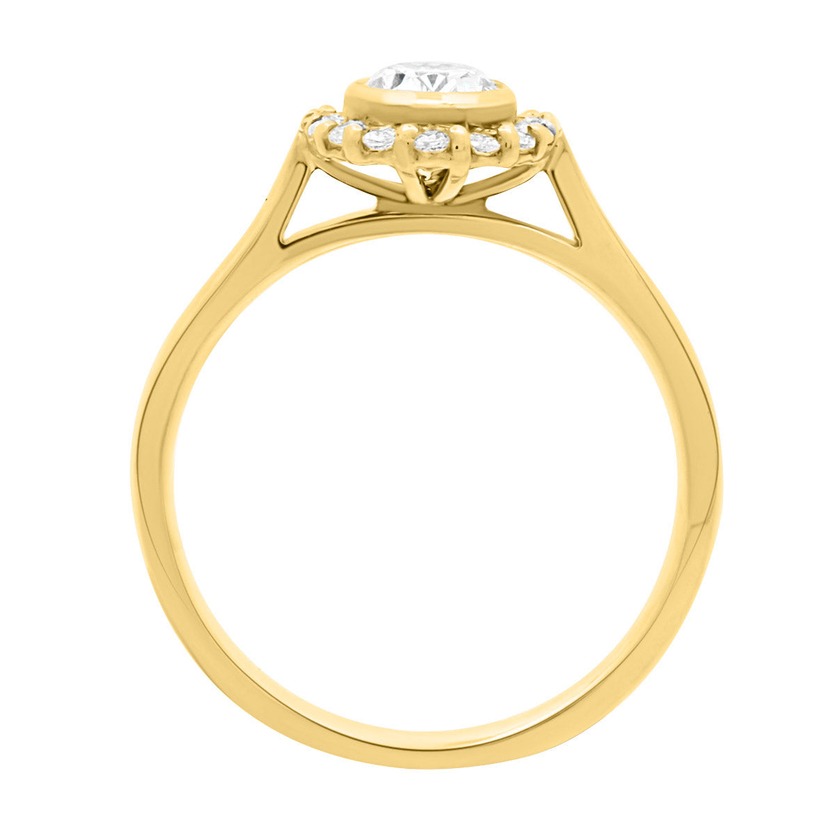  Oval Halo Diamond Ring in yellow gold standing upright