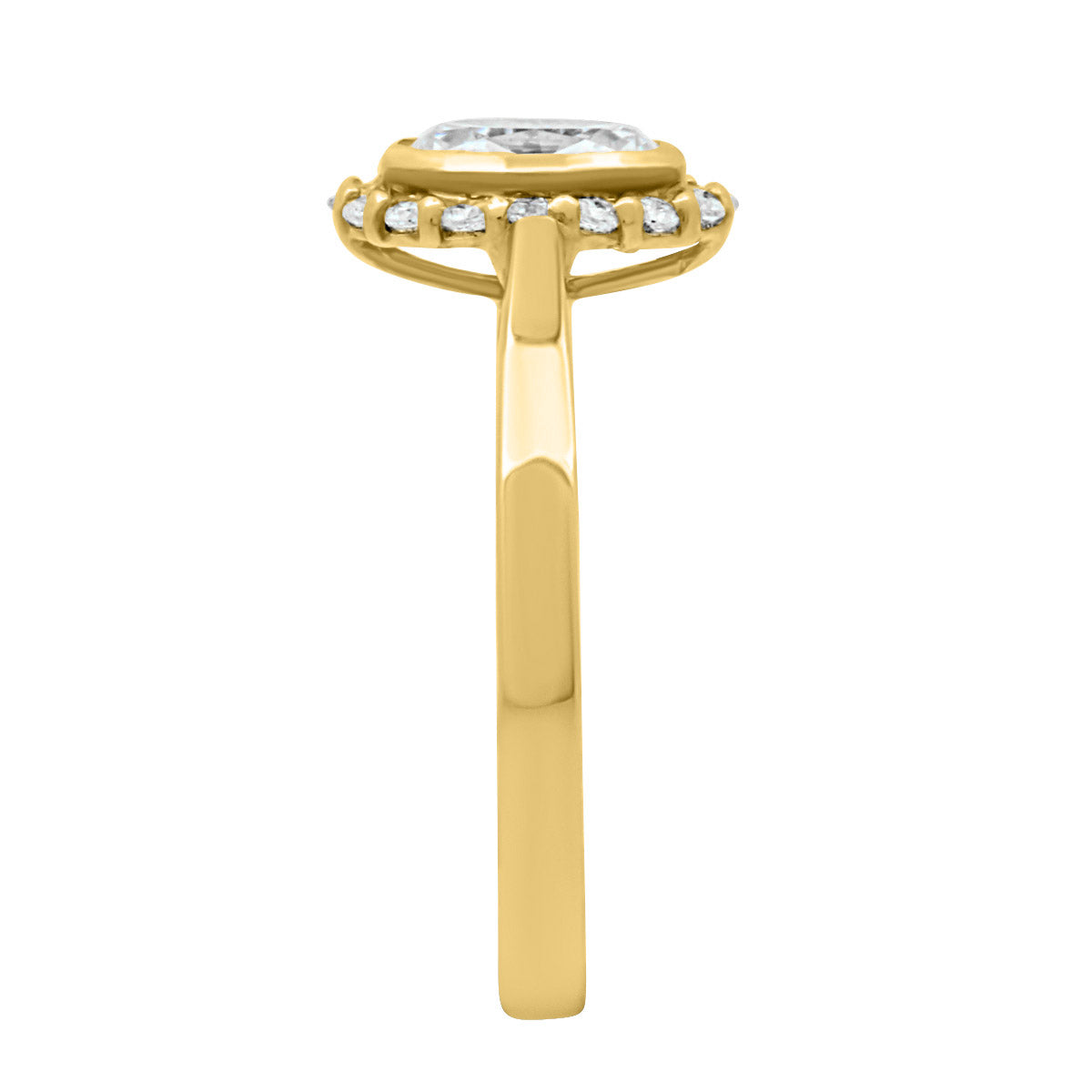  Oval Halo Diamond Ring in yellow gold from an end view