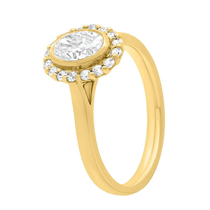  Oval Halo Diamond Ring in yellow gold angled view