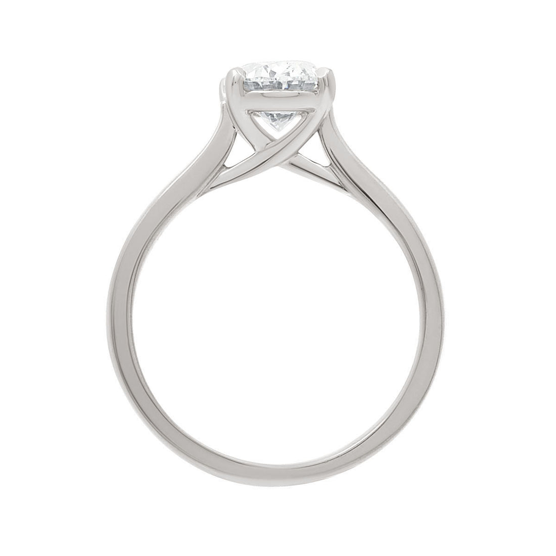 Oval Solitaire with Criss Cross Shank In White Gold standing upright