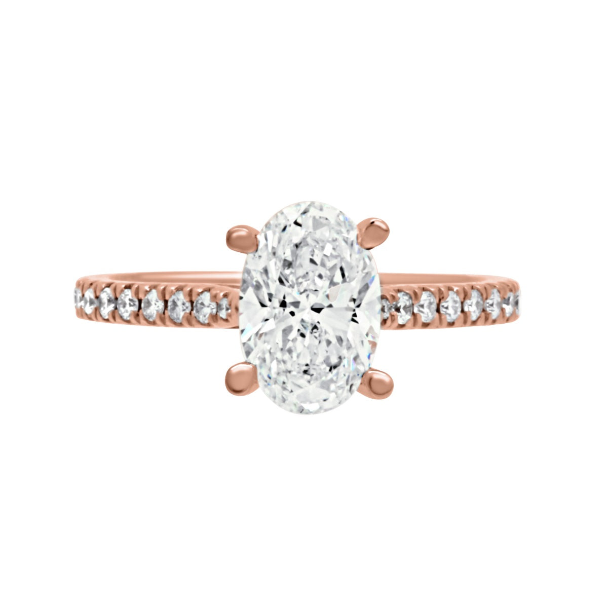 Rose gold ring with a large diamond and smaller diamonds on the band against a white background
