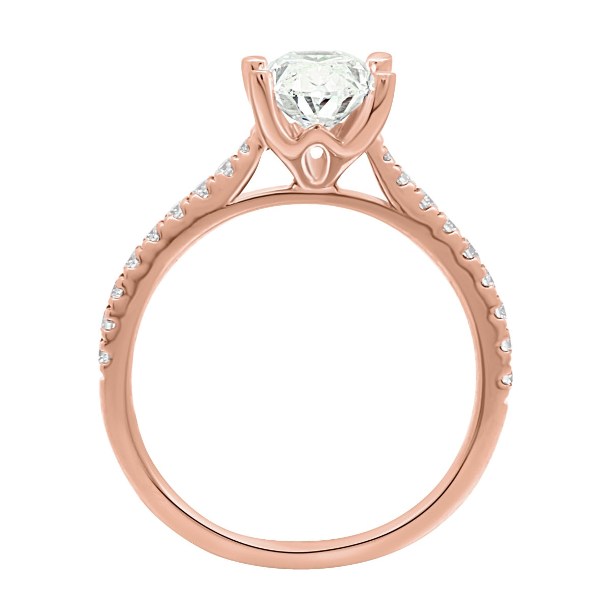 Rose gold ring with a diamond on a white background standing upight