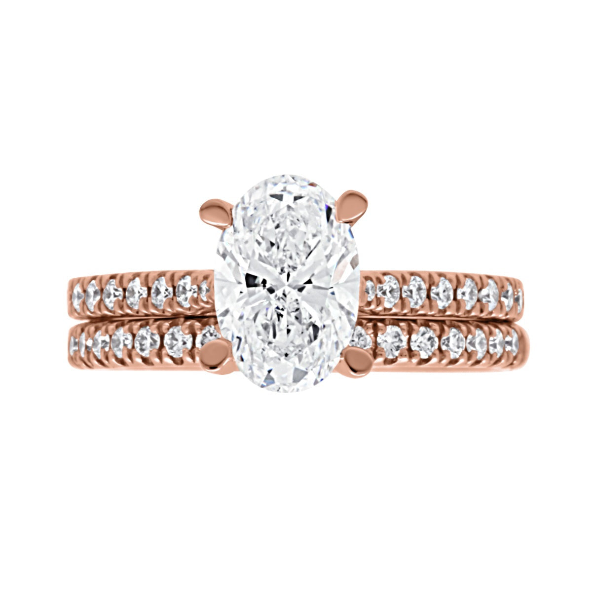 Rose gold diamond ring with matching band on a white background