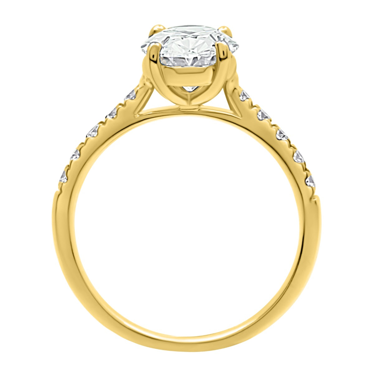 Oval cut Diamond with diamond band in yellow gold with white background