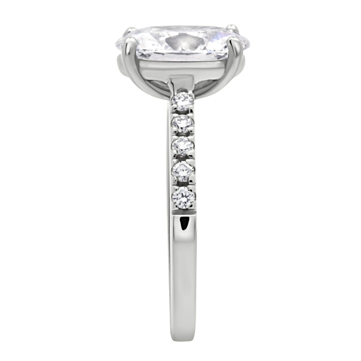 Oval cut Diamond with diamond band in Platinum with white background in end view
