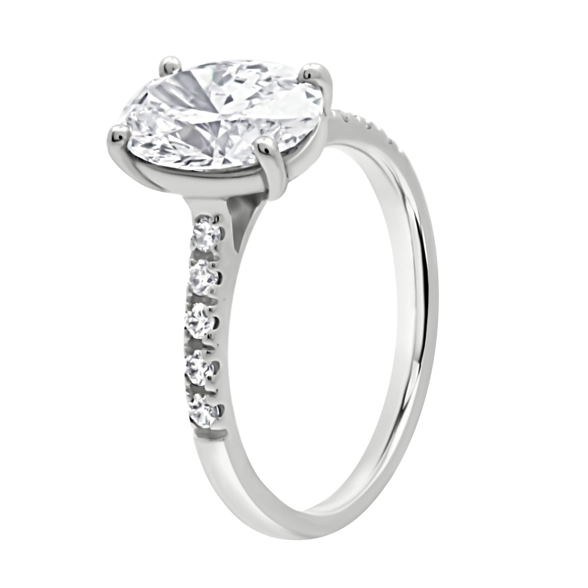 Oval cut Diamond with diamond band in Platinum with white background standing angled