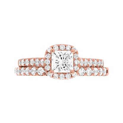 Princess Cut Diamond Halo Ring in rose gold with a diamond wedding band