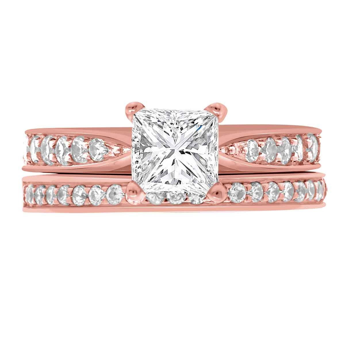 Princess Cut Diamond Solitaire with tapered diamond band in Rose gold with a matching diamond wedding ring