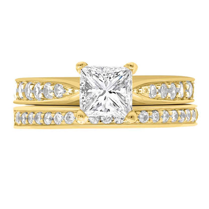 Princess Cut Diamond Solitaire with tapered diamond band in yellow gold with a diamond wedding ring