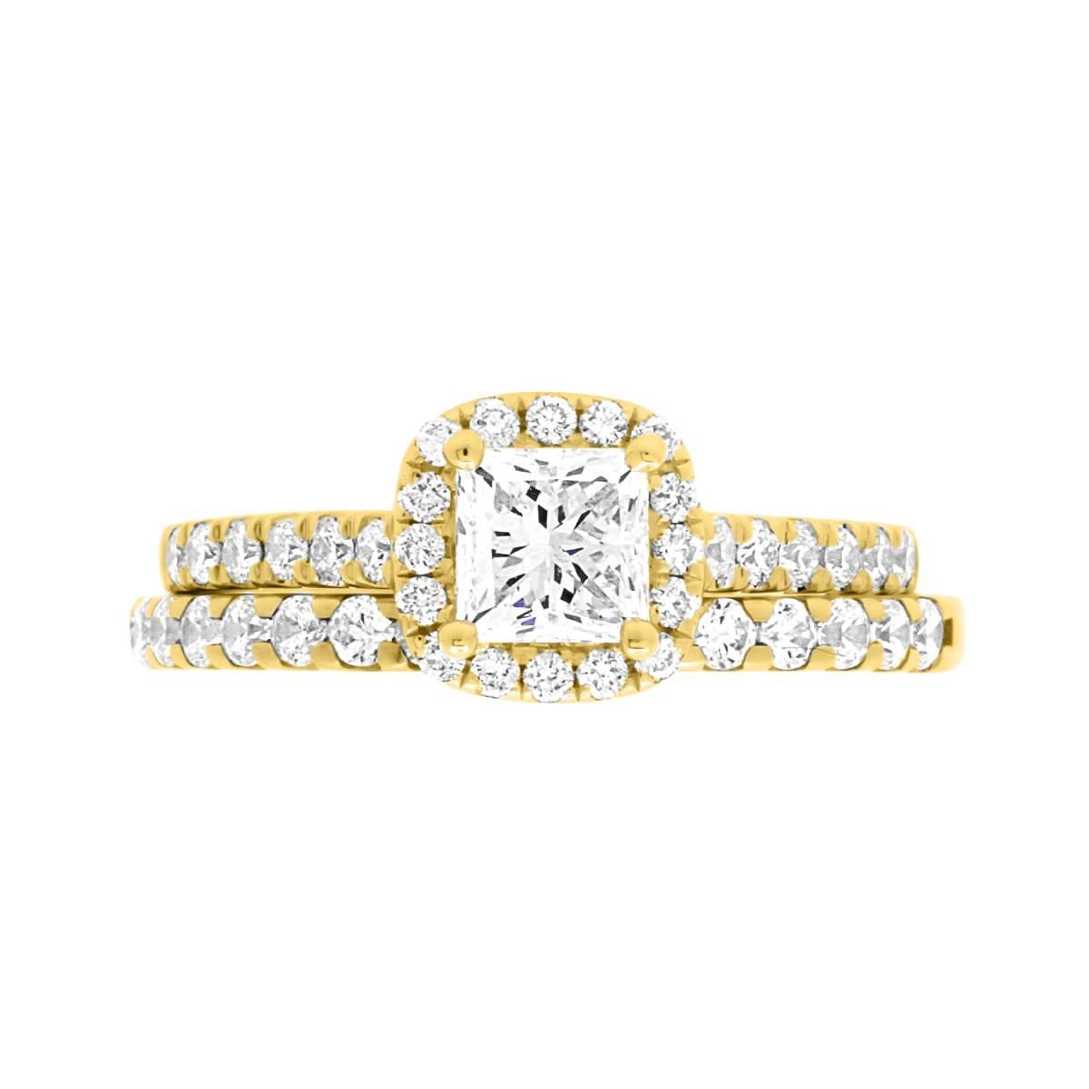 Princess Cut Diamond Halo Ring in yellow gold with a diamond wedding ring