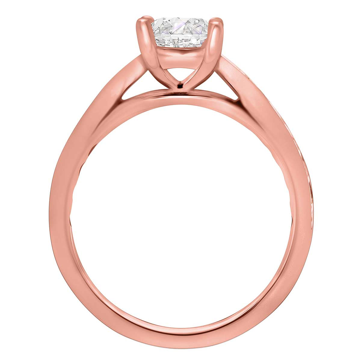 Princess Cut Diamond Solitaire with tapered diamond band in Rose gold standing vertical