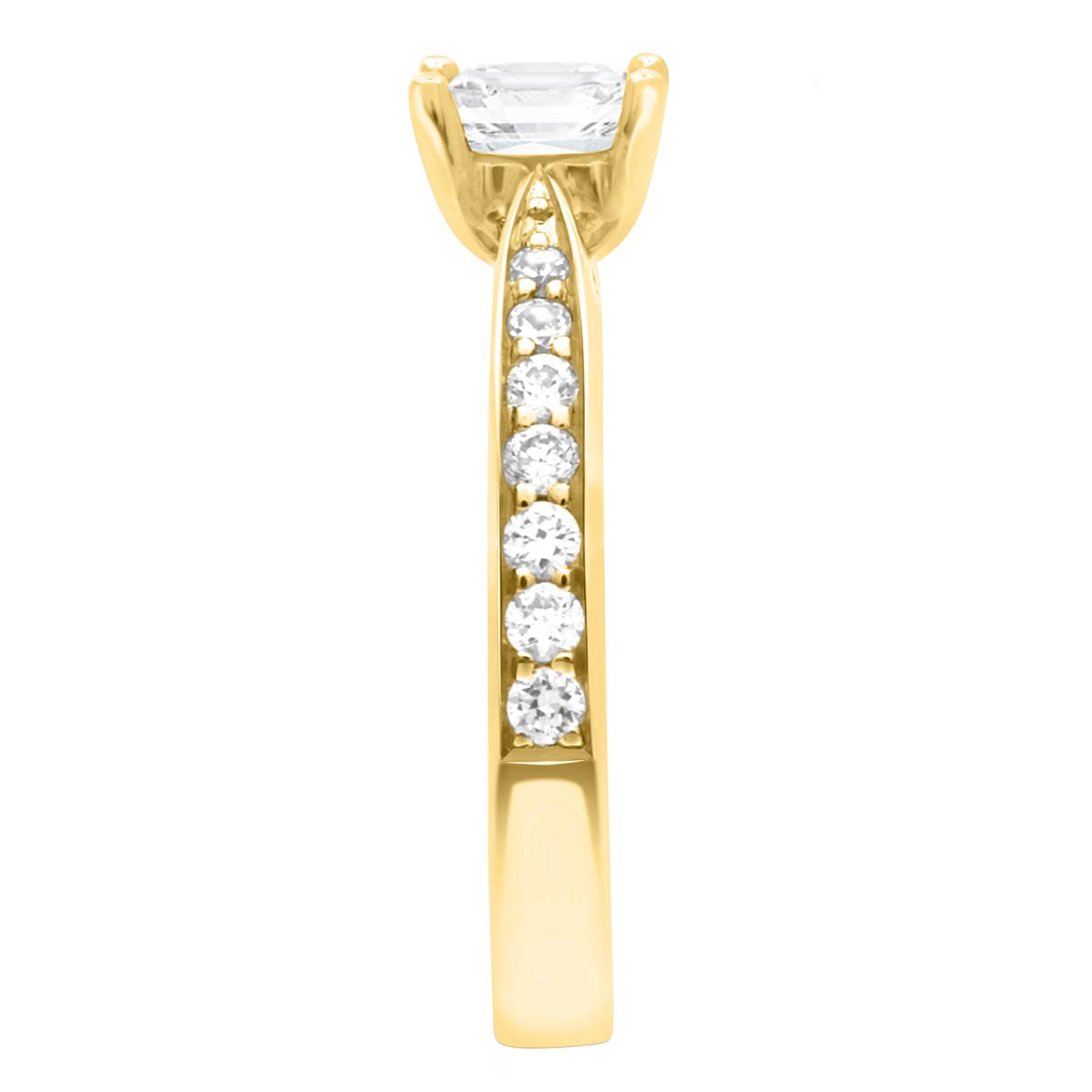 Princess Cut Diamond Solitaire with tapered diamond band in yellow gold in an end view