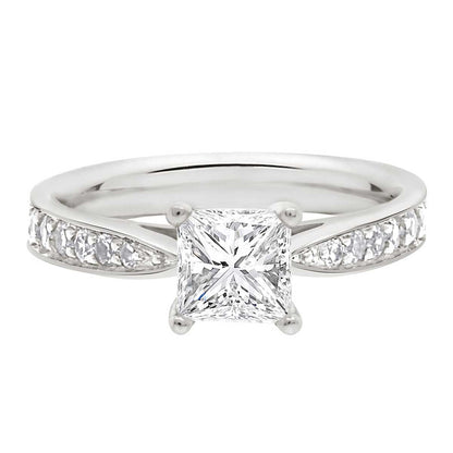 Princess Cut Diamond Solitaire with tapered diamond band in white gold