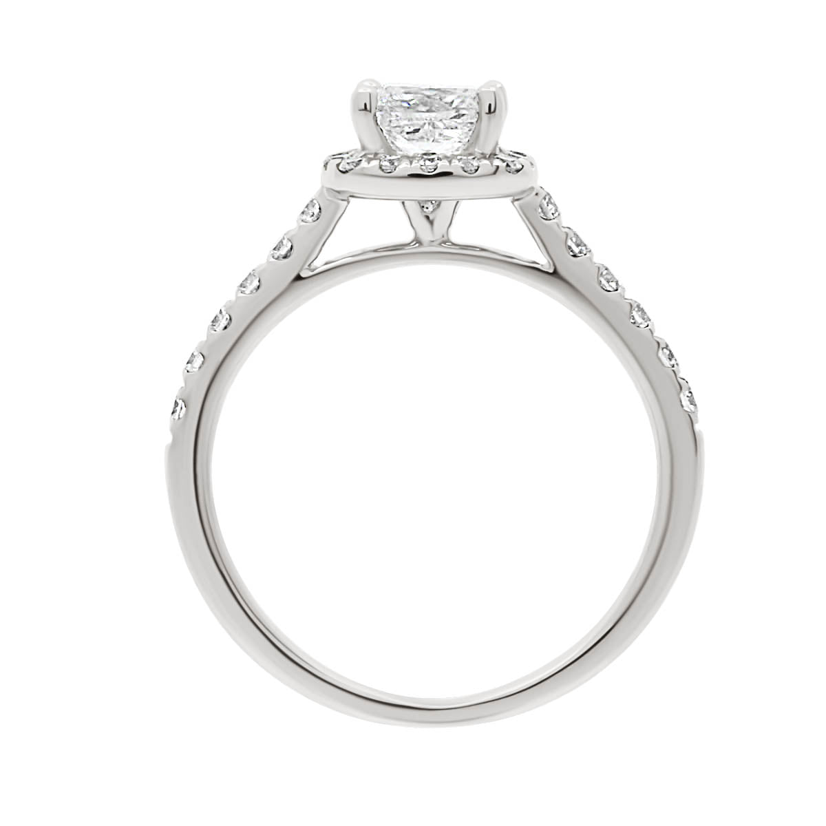 Princess Cut Diamond Halo Ring in white gold standing upright on a white backgrouns