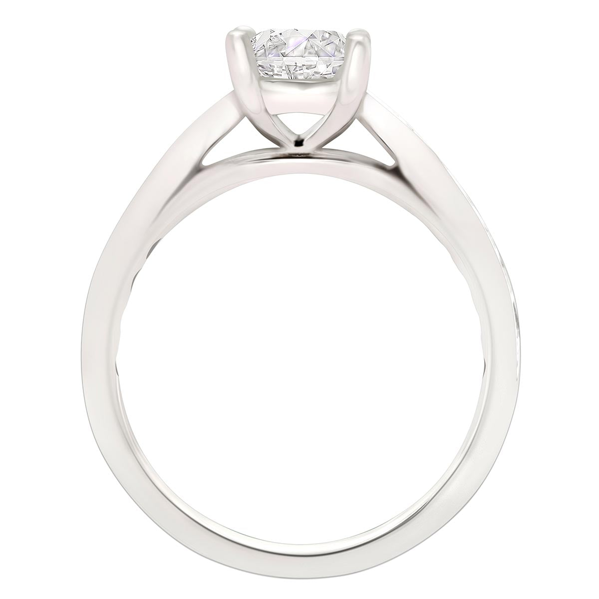 Princess Cut Diamond Solitaire with tapered diamond band in white gold standing upright