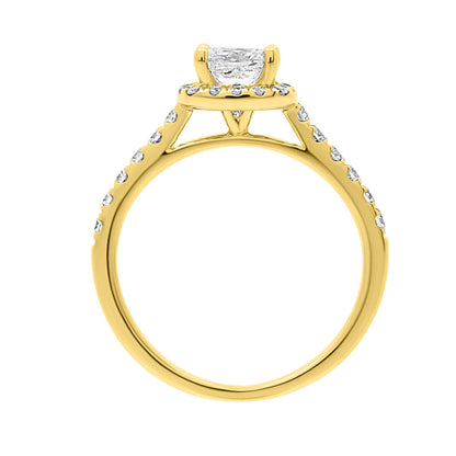 Princess Cut Diamond Halo Ring in yellow gold standing in an upright positon