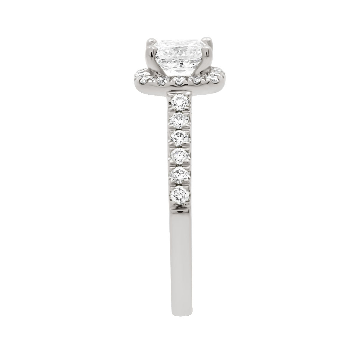 Princess Cut Diamond Halo Ring in white gold standing upright from a side view