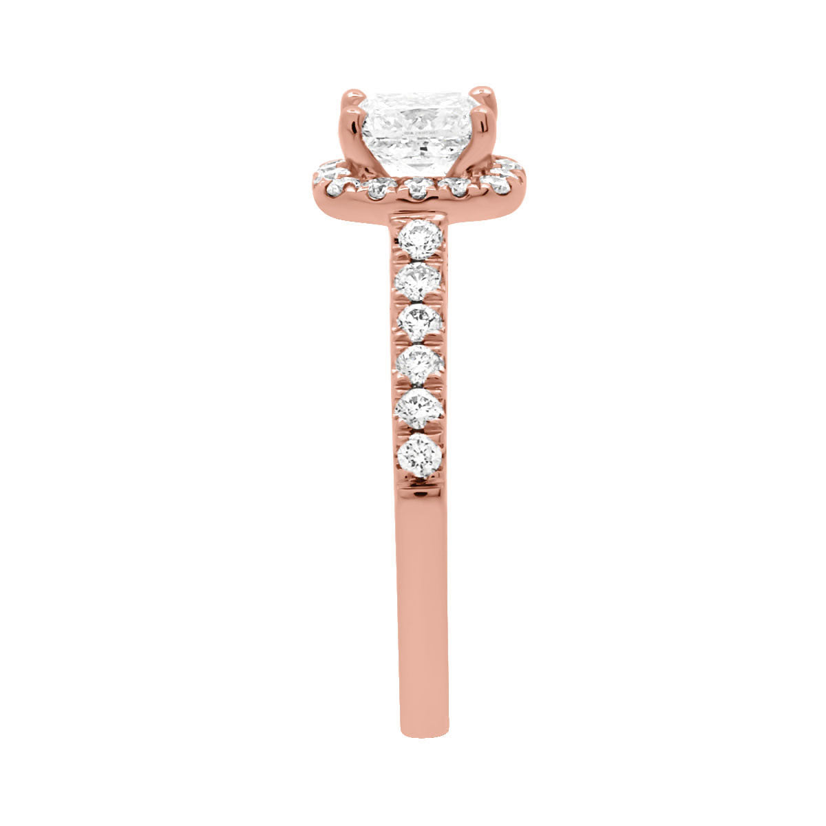 Princess Cut Diamond Halo Ring in rose gold from an end view