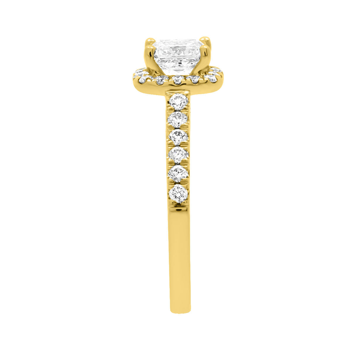 Princess Cut Diamond Halo Ring in yellow gold standing upright and viewed from the side