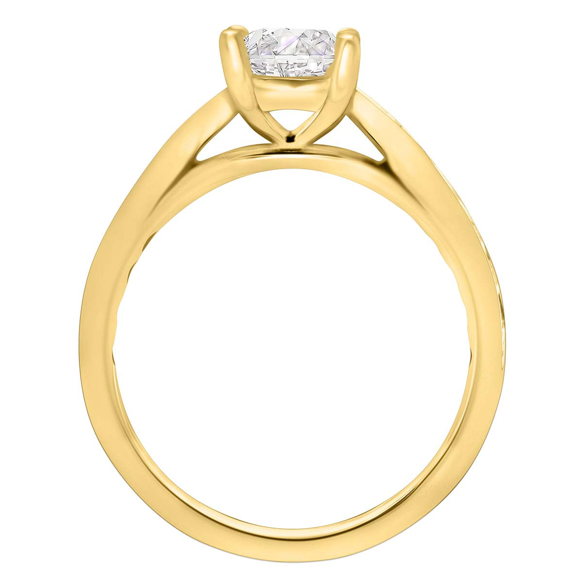 Princess Cut Diamond Solitaire with tapered diamond band in yellow gold stqanding upright