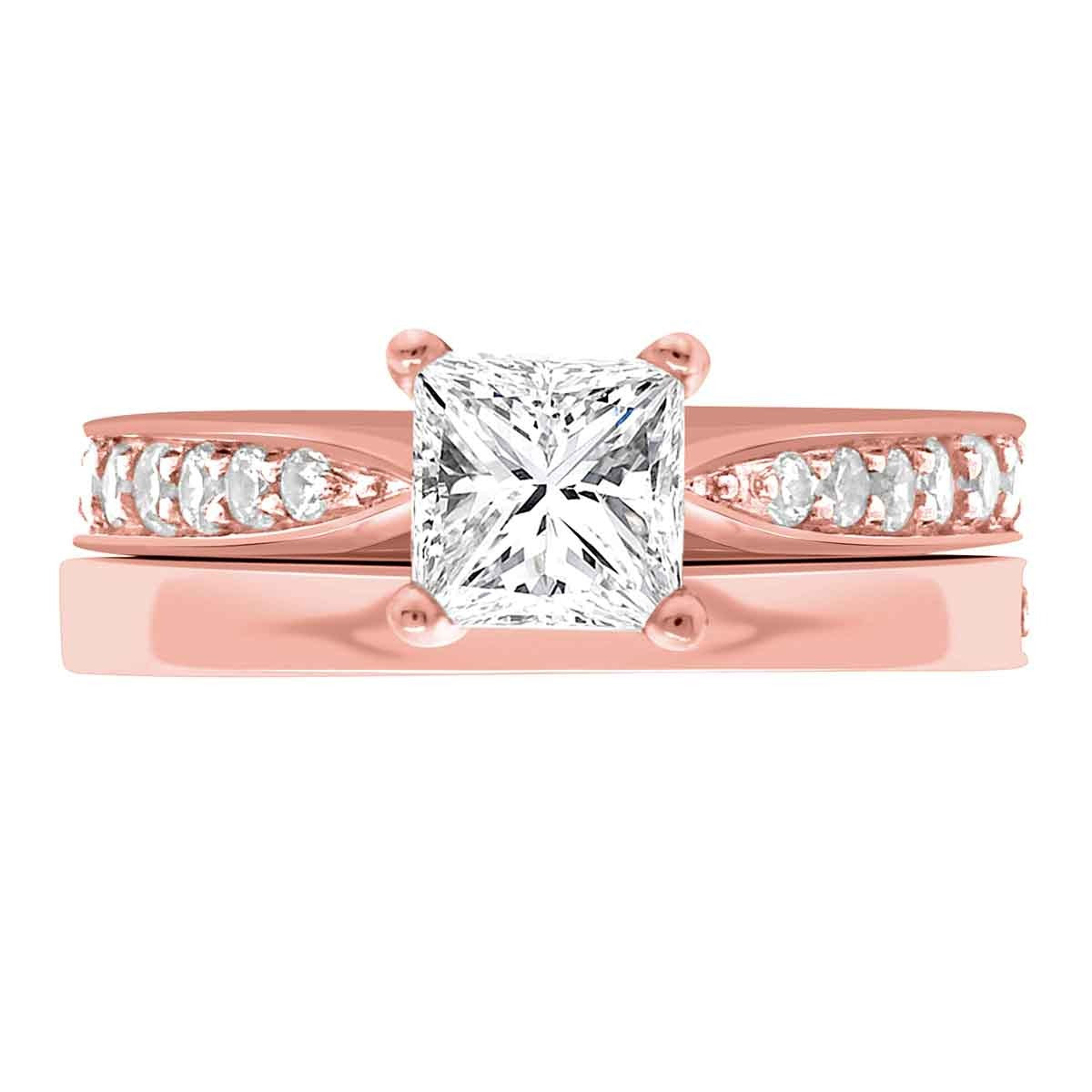 Princess Cut Diamond Solitaire with tapered diamond band in Rose gold with a plain wedding ring
