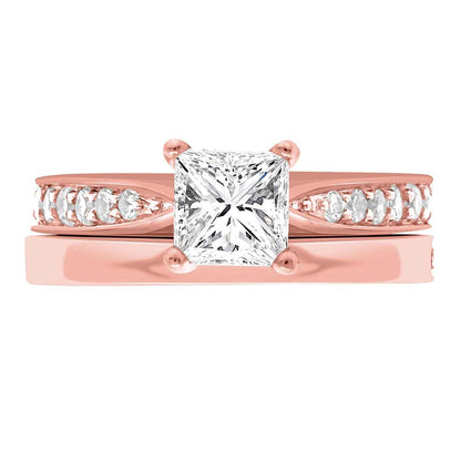 Princess Cut Diamond Solitaire with tapered diamond band in Rose gold with a plain wedding ring