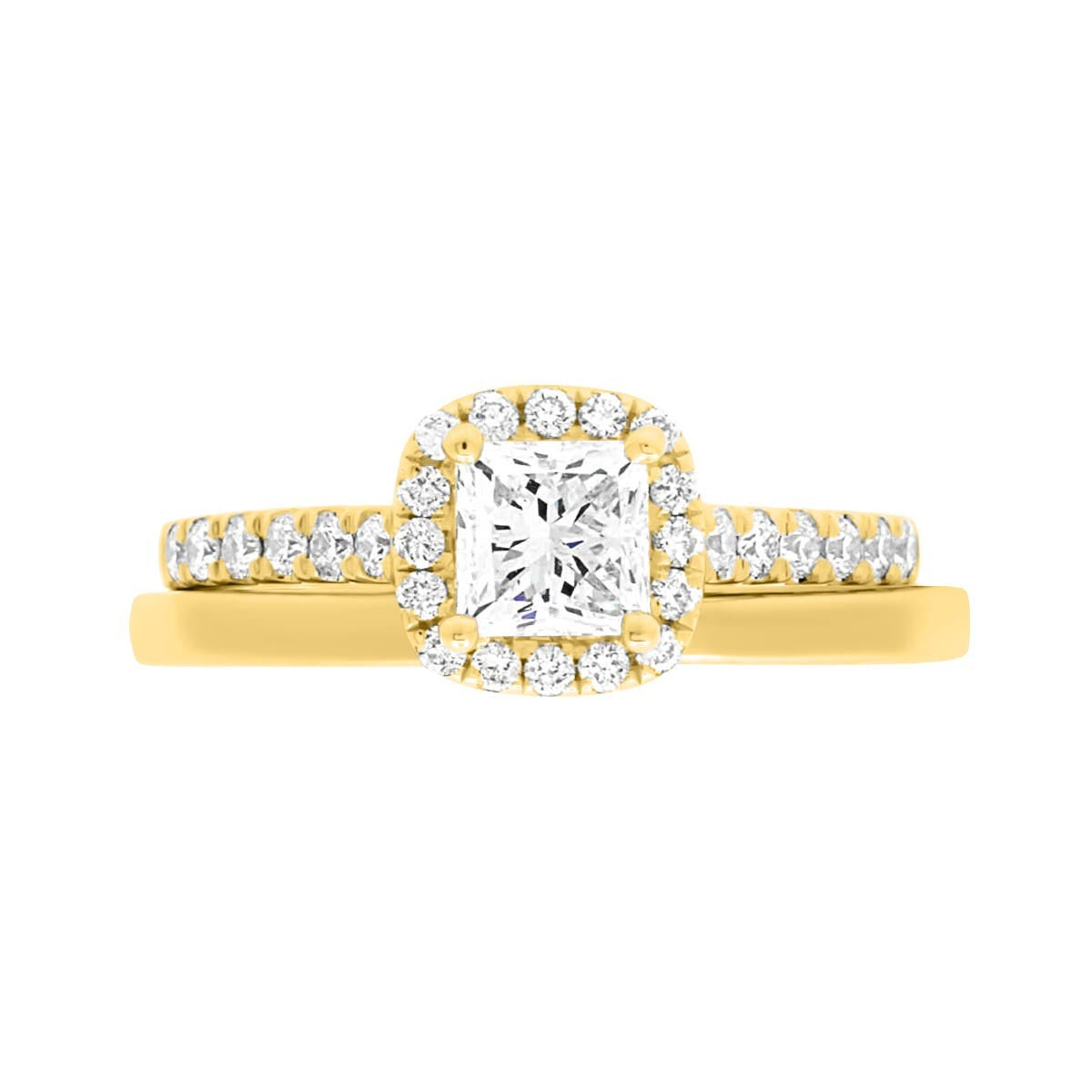 Princess Cut Diamond Halo Ring in yellow gold with a matching gold wedding ring